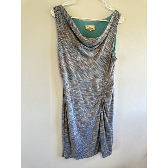 MOULINETRE SOEURS BY ANTHROPOLOGIE Striped Cowl-Neck Midiress in Teal and Gray - Picture 2 of 9